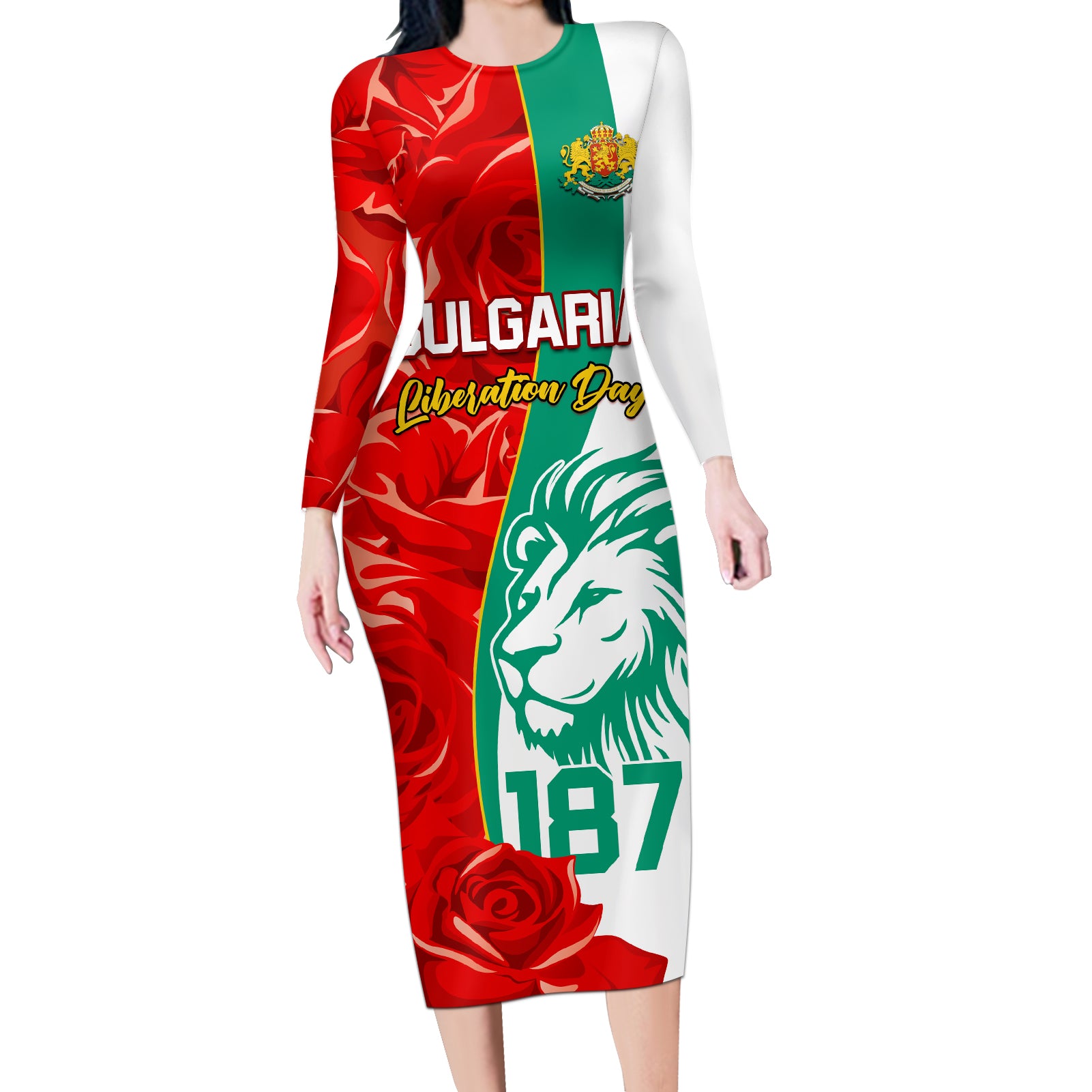 Bulgaria Liberation Day Long Sleeve Bodycon Dress Lion With Rose Flag Style