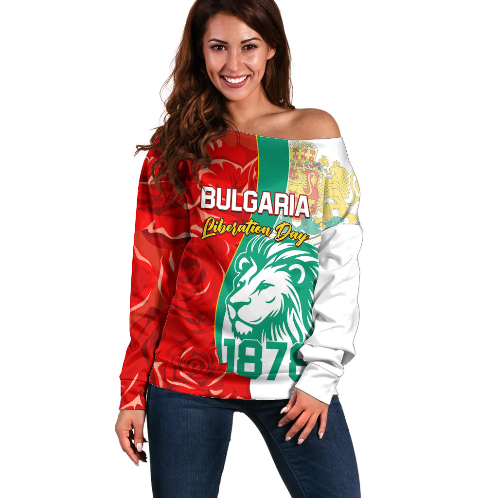 Bulgaria Liberation Day Off Shoulder Sweater Lion With Rose Flag Style