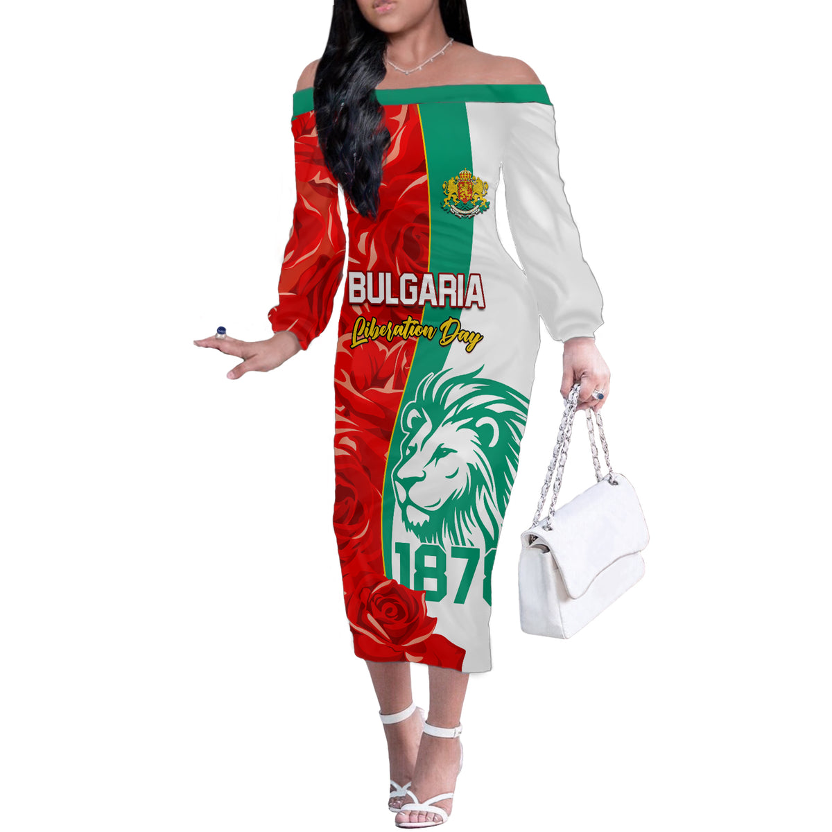 Bulgaria Liberation Day Off The Shoulder Long Sleeve Dress Lion With Rose Flag Style - Wonder Print Shop