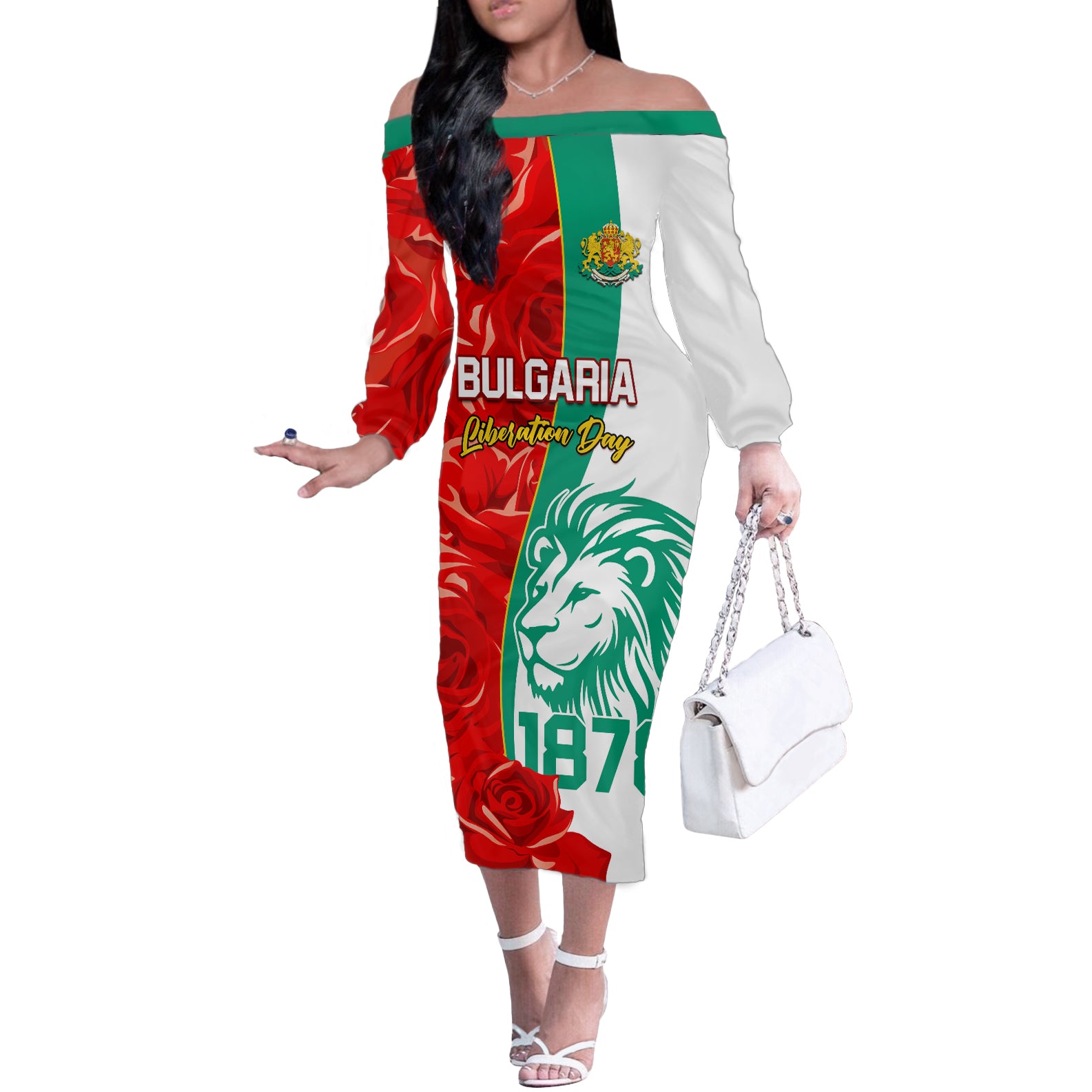 Bulgaria Liberation Day Off The Shoulder Long Sleeve Dress Lion With Rose Flag Style