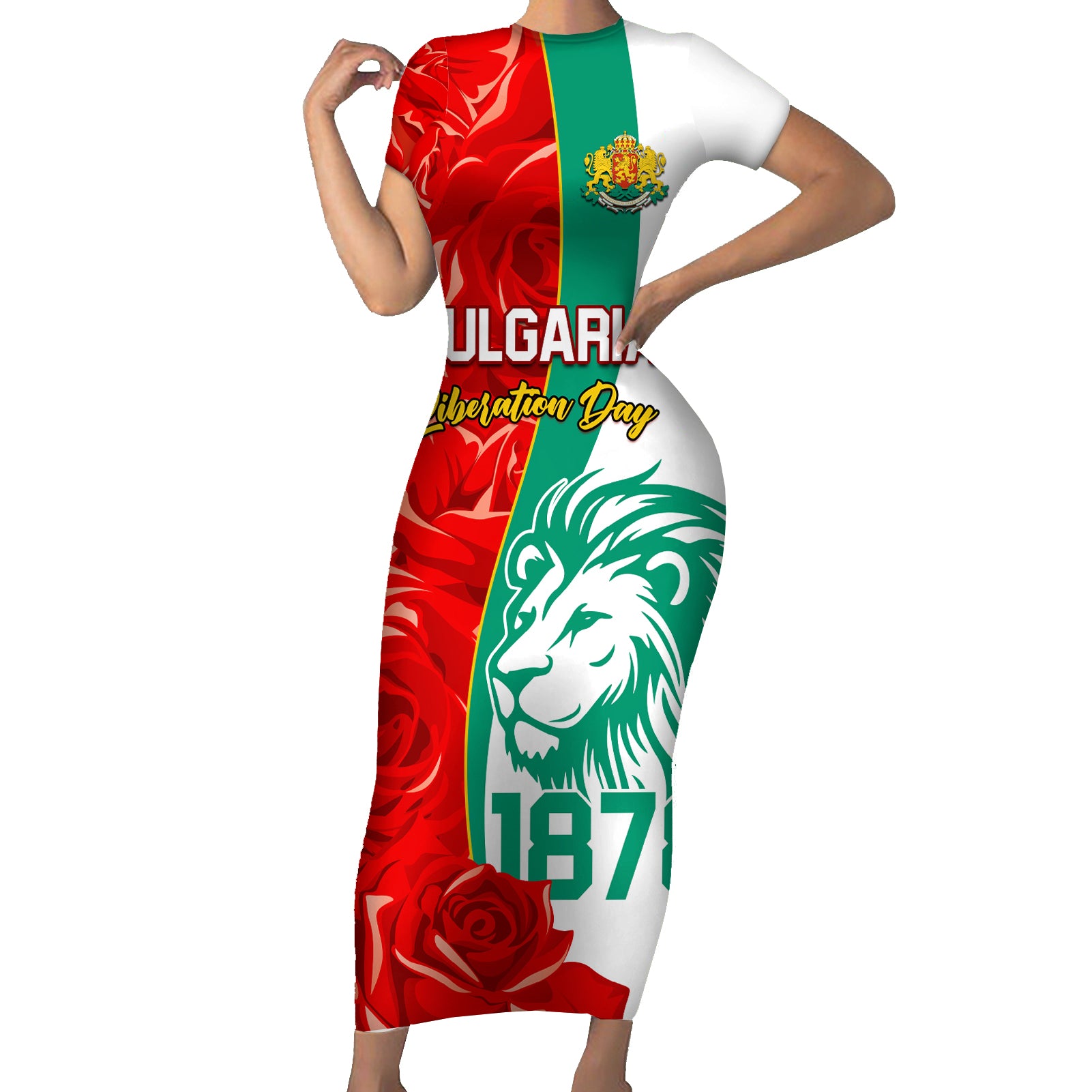 Bulgaria Liberation Day Short Sleeve Bodycon Dress Lion With Rose Flag Style