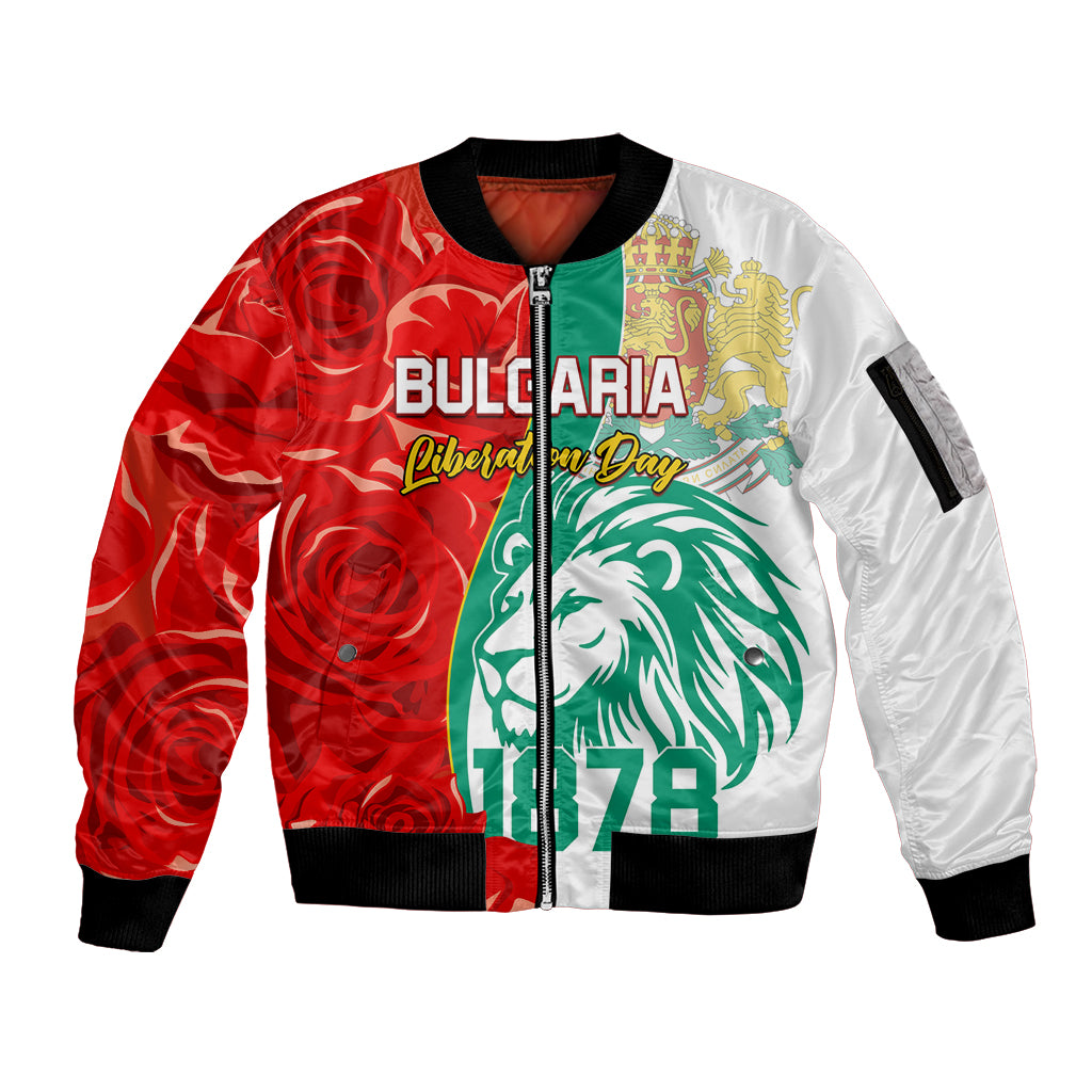 Bulgaria Liberation Day Sleeve Zip Bomber Jacket Lion With Rose Flag Style