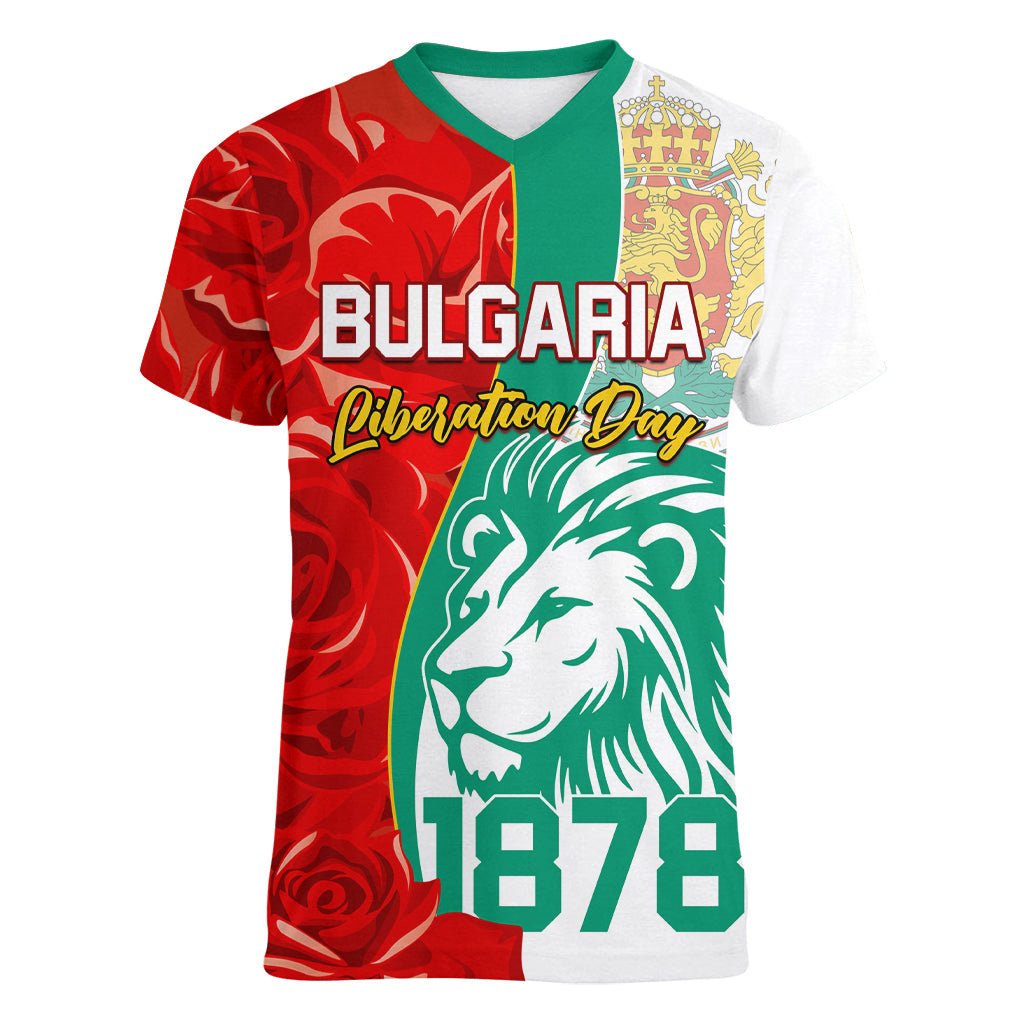 Bulgaria Liberation Day Women V Neck T Shirt Lion With Rose Flag Style
