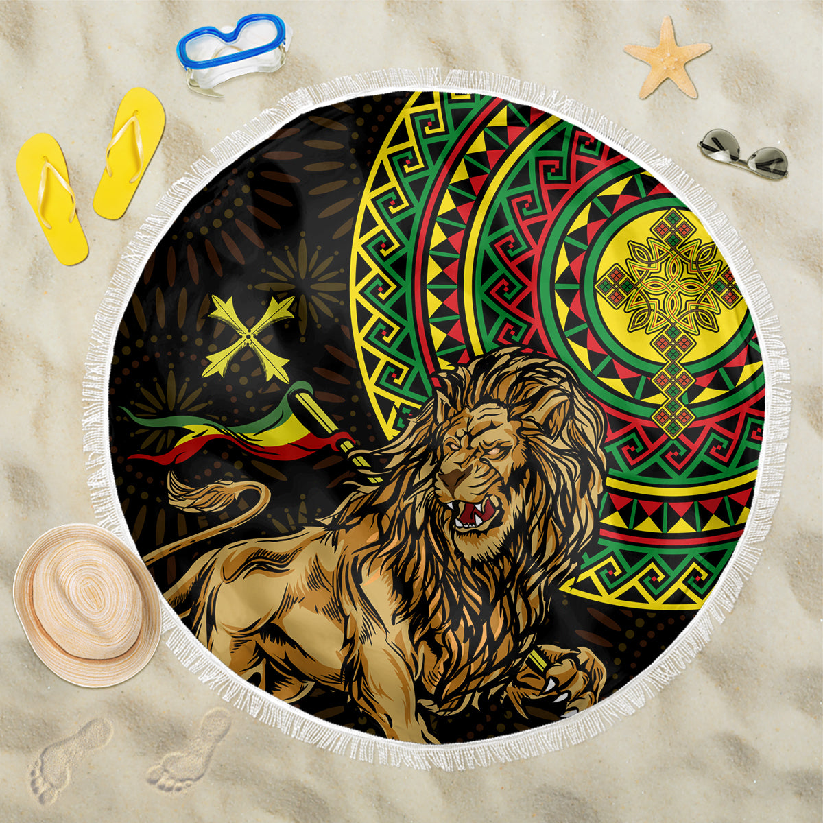 Ethiopia National Day Beach Blanket Lion Of Judah African Pattern - Wonder Print Shop