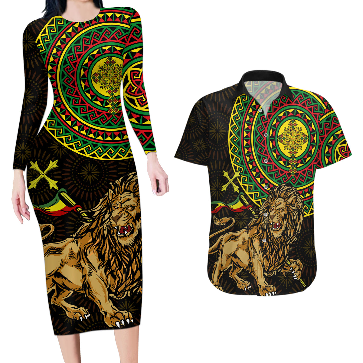 Ethiopia National Day Couples Matching Long Sleeve Bodycon Dress and Hawaiian Shirt Lion Of Judah African Pattern - Wonder Print Shop