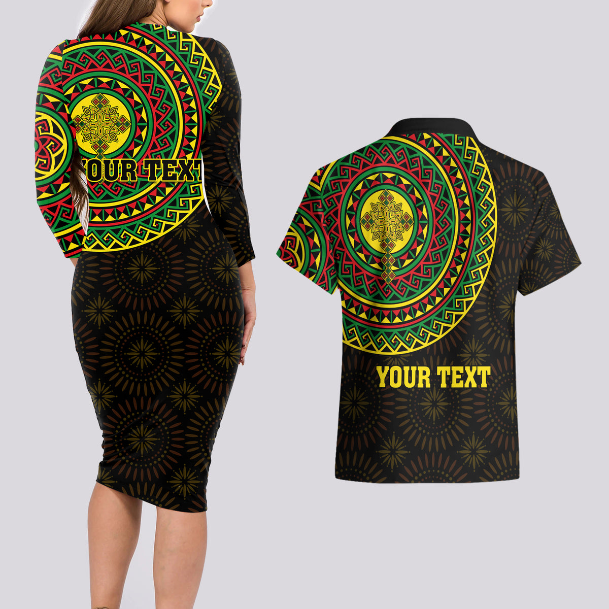 Ethiopia National Day Couples Matching Long Sleeve Bodycon Dress and Hawaiian Shirt Lion Of Judah African Pattern - Wonder Print Shop