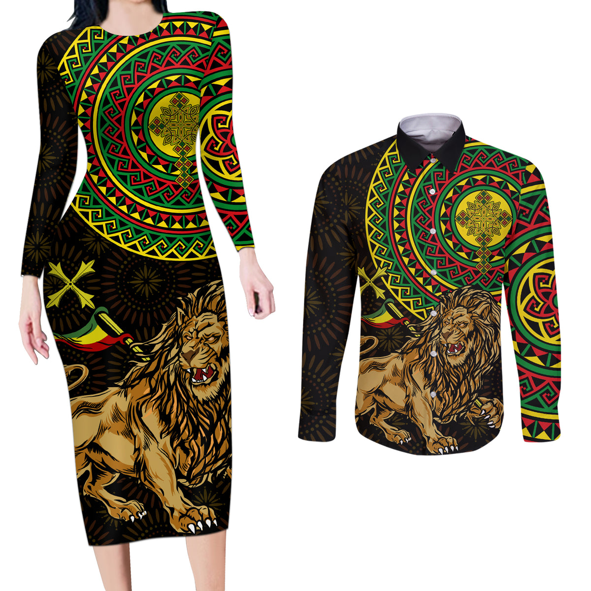 Ethiopia National Day Couples Matching Long Sleeve Bodycon Dress and Long Sleeve Button Shirt Lion Of Judah African Pattern - Wonder Print Shop