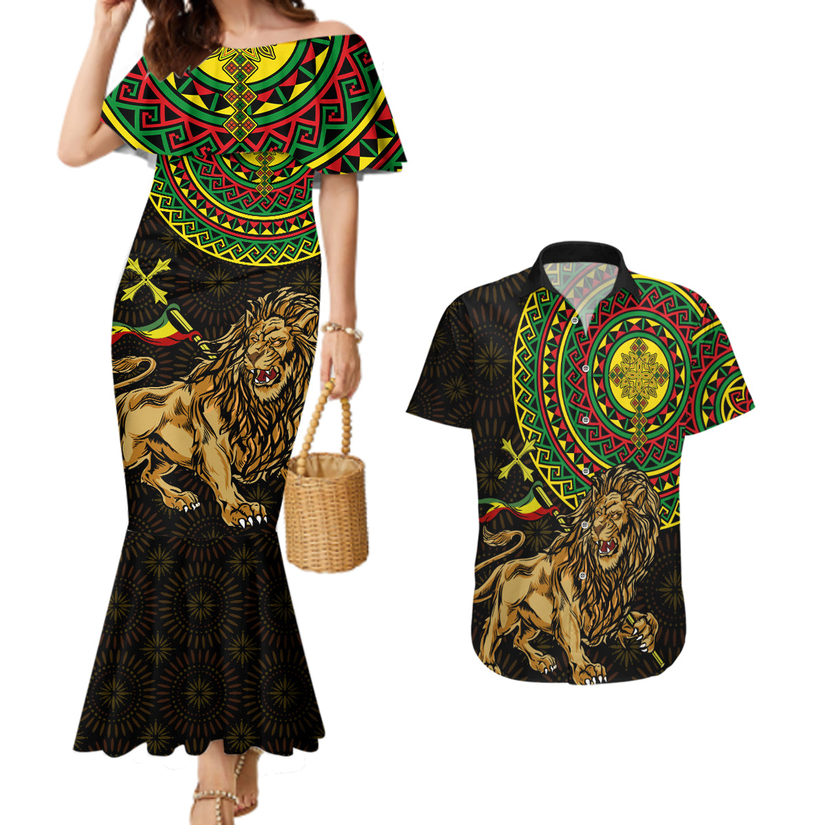 Ethiopia National Day Couples Matching Mermaid Dress and Hawaiian Shirt Lion Of Judah African Pattern