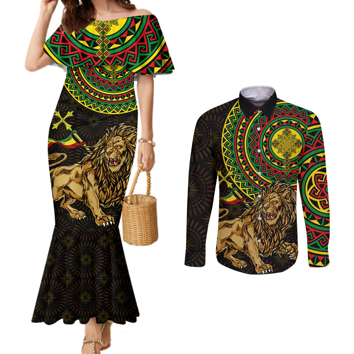 Ethiopia National Day Couples Matching Mermaid Dress and Long Sleeve Button Shirt Lion Of Judah African Pattern