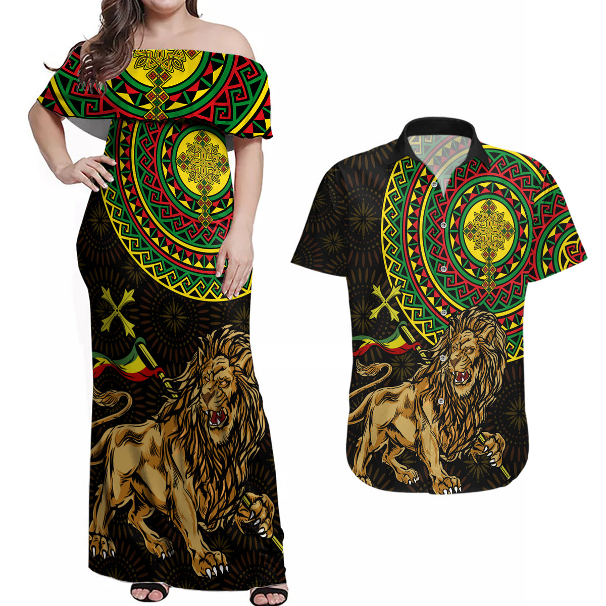Ethiopia National Day Couples Matching Off Shoulder Maxi Dress and Hawaiian Shirt Lion Of Judah African Pattern - Wonder Print Shop