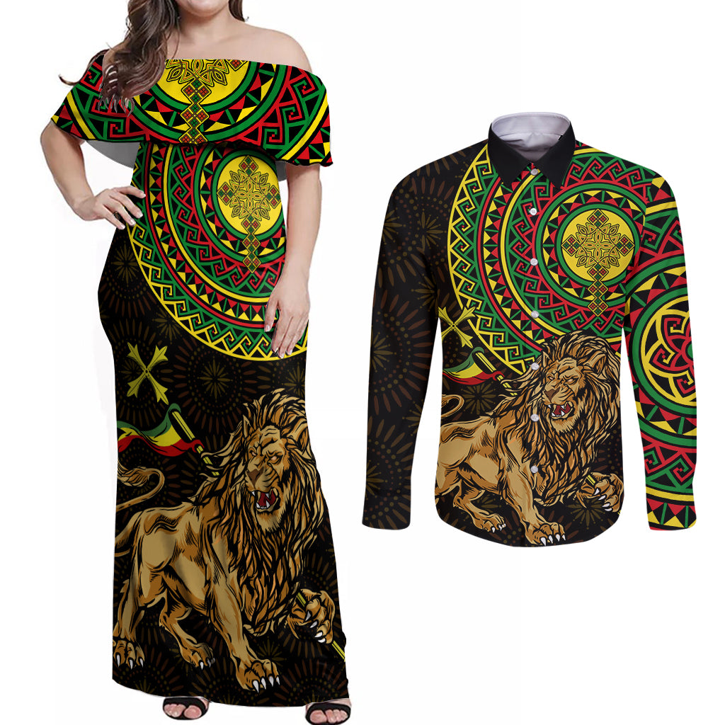 Ethiopia National Day Couples Matching Off Shoulder Maxi Dress and Long Sleeve Button Shirt Lion Of Judah African Pattern - Wonder Print Shop