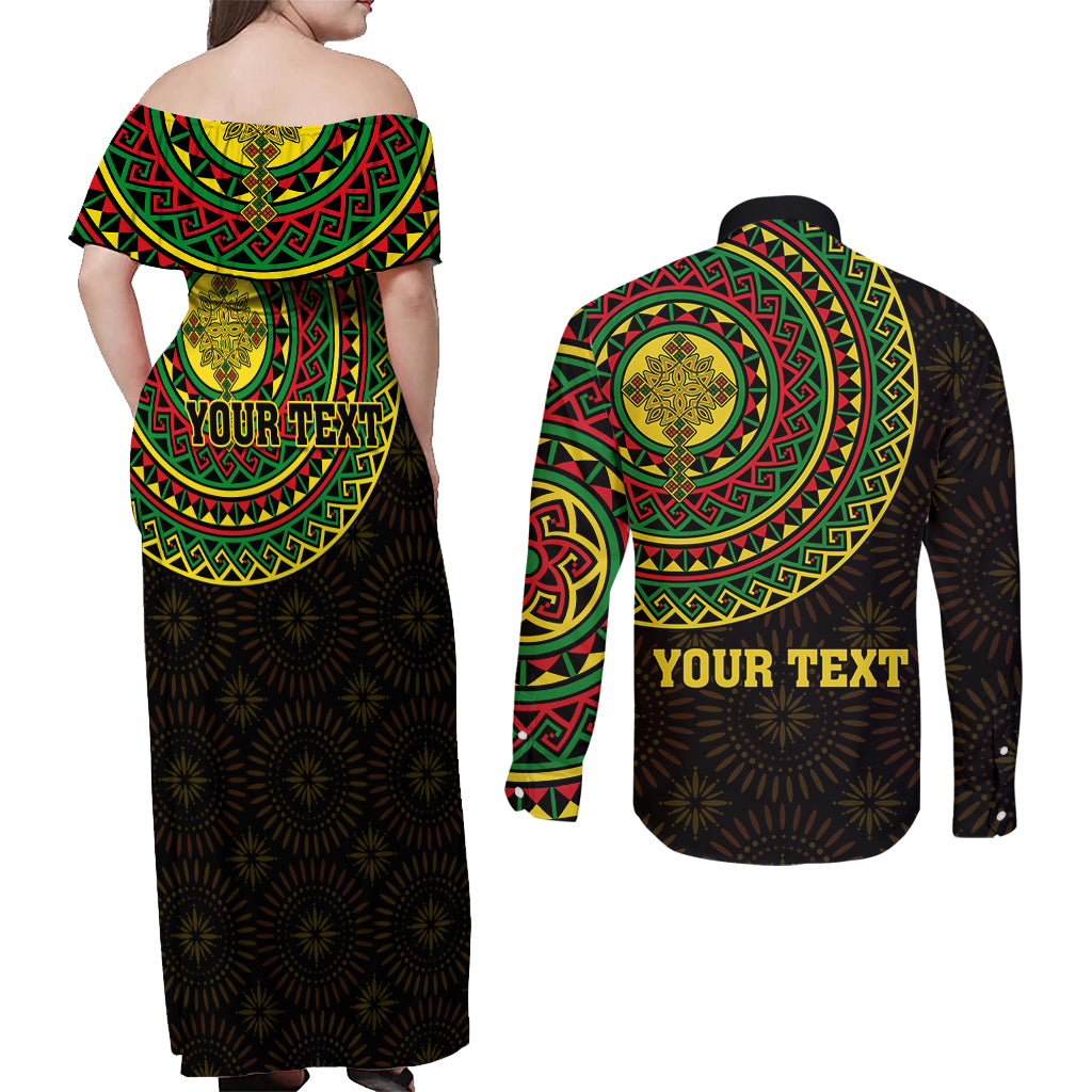 Ethiopia National Day Couples Matching Off Shoulder Maxi Dress and Long Sleeve Button Shirt Lion Of Judah African Pattern - Wonder Print Shop