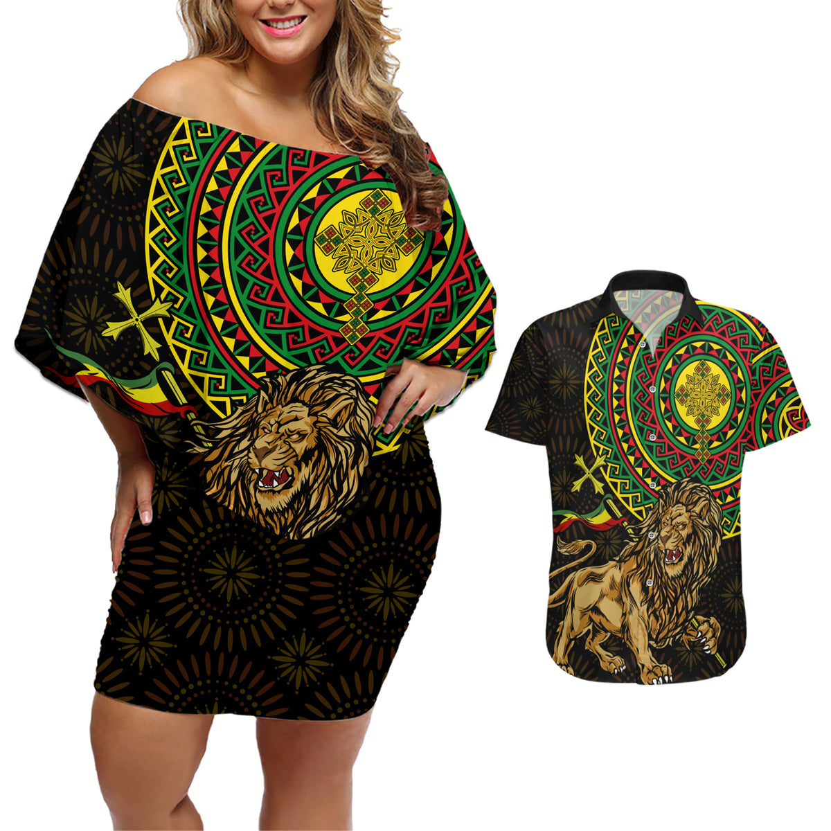 Ethiopia National Day Couples Matching Off Shoulder Short Dress and Hawaiian Shirt Lion Of Judah African Pattern - Wonder Print Shop