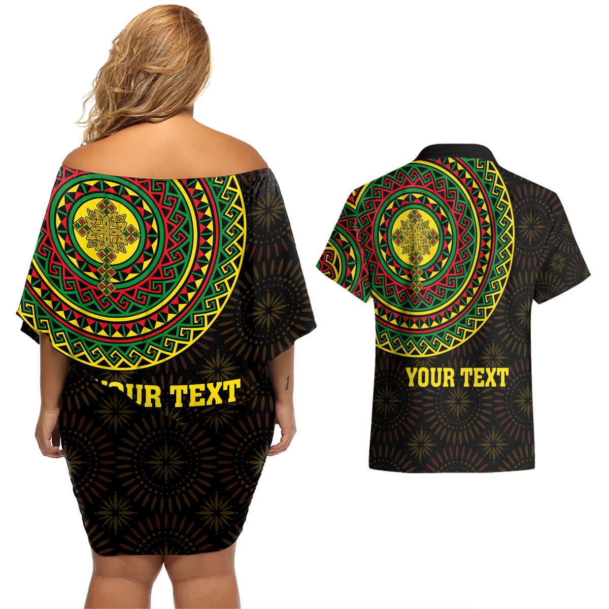 Ethiopia National Day Couples Matching Off Shoulder Short Dress and Hawaiian Shirt Lion Of Judah African Pattern - Wonder Print Shop