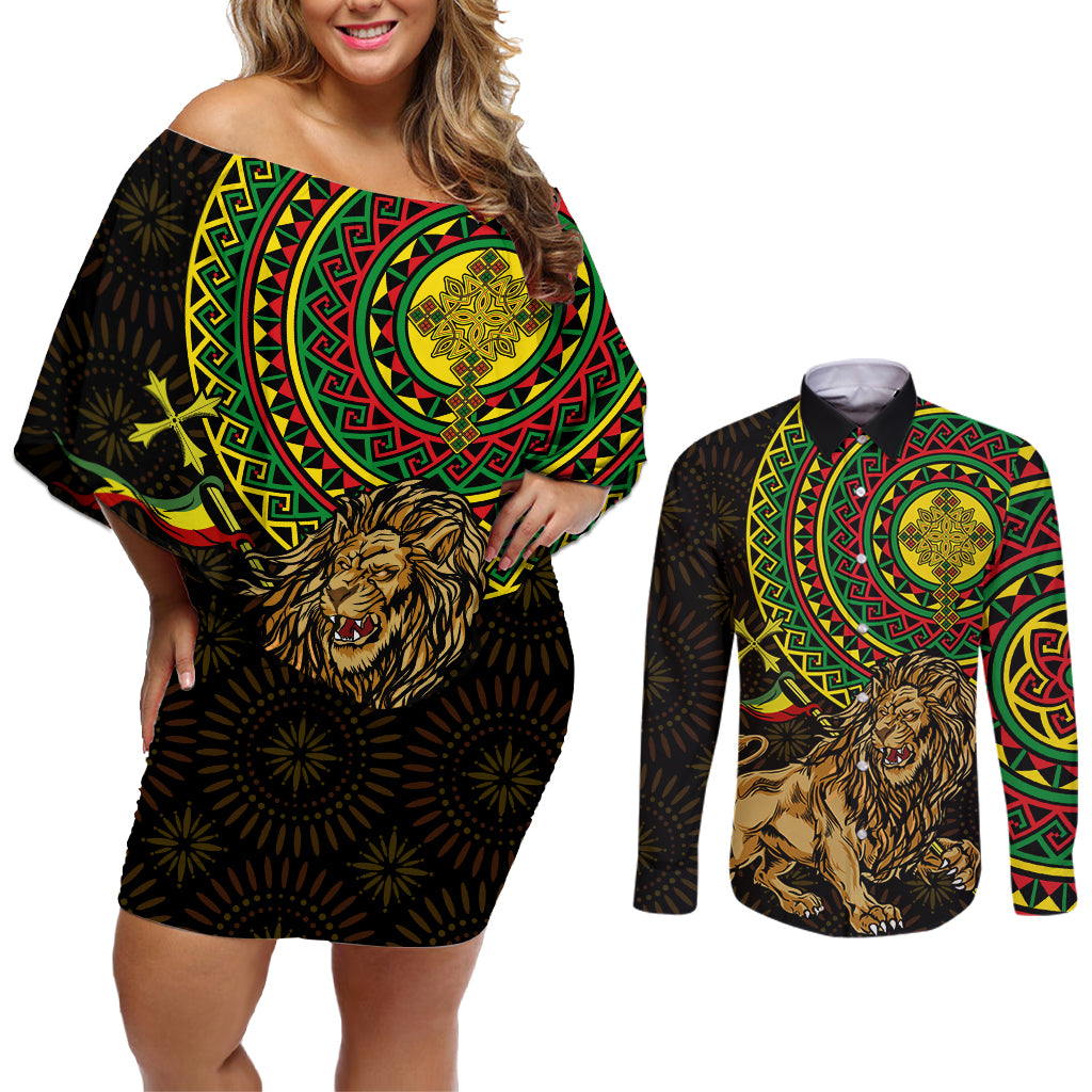 Ethiopia National Day Couples Matching Off Shoulder Short Dress and Long Sleeve Button Shirt Lion Of Judah African Pattern - Wonder Print Shop