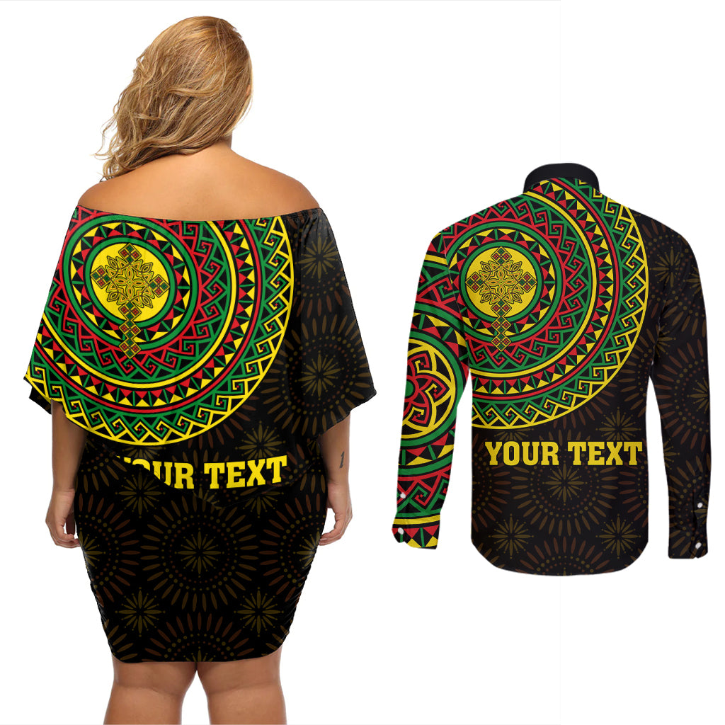 Ethiopia National Day Couples Matching Off Shoulder Short Dress and Long Sleeve Button Shirt Lion Of Judah African Pattern - Wonder Print Shop