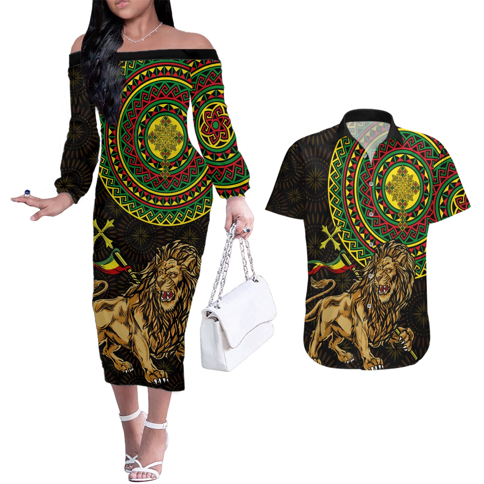 Ethiopia National Day Couples Matching Off The Shoulder Long Sleeve Dress and Hawaiian Shirt Lion Of Judah African Pattern