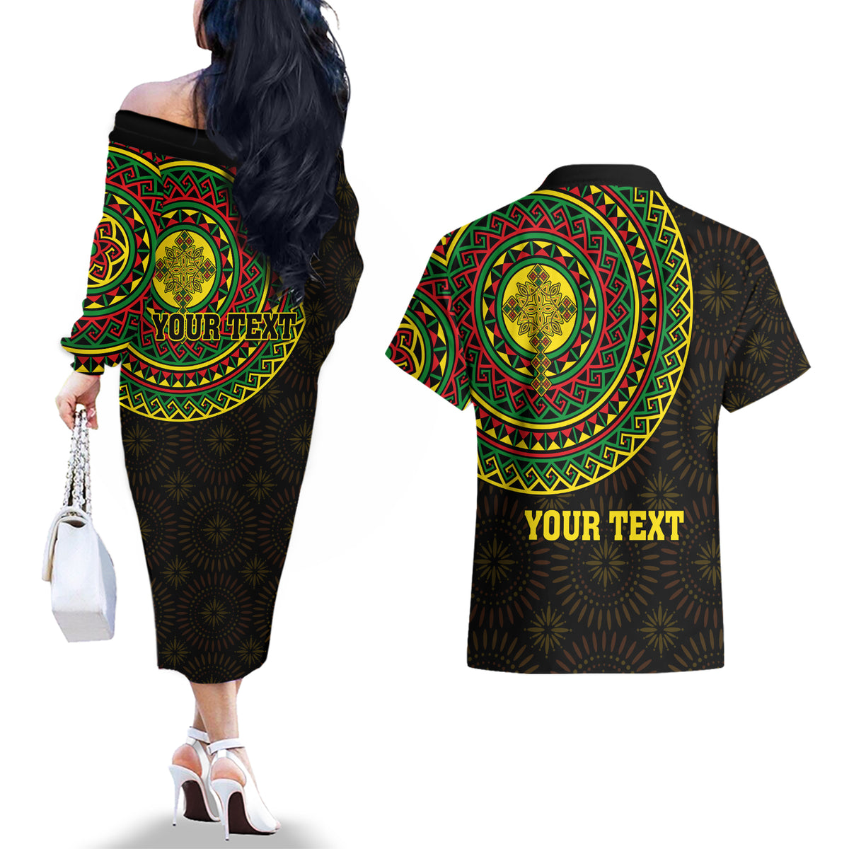 Ethiopia National Day Couples Matching Off The Shoulder Long Sleeve Dress and Hawaiian Shirt Lion Of Judah African Pattern - Wonder Print Shop