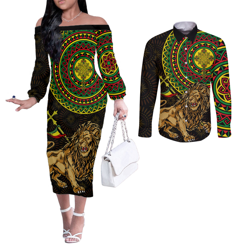 Ethiopia National Day Couples Matching Off The Shoulder Long Sleeve Dress and Long Sleeve Button Shirt Lion Of Judah African Pattern