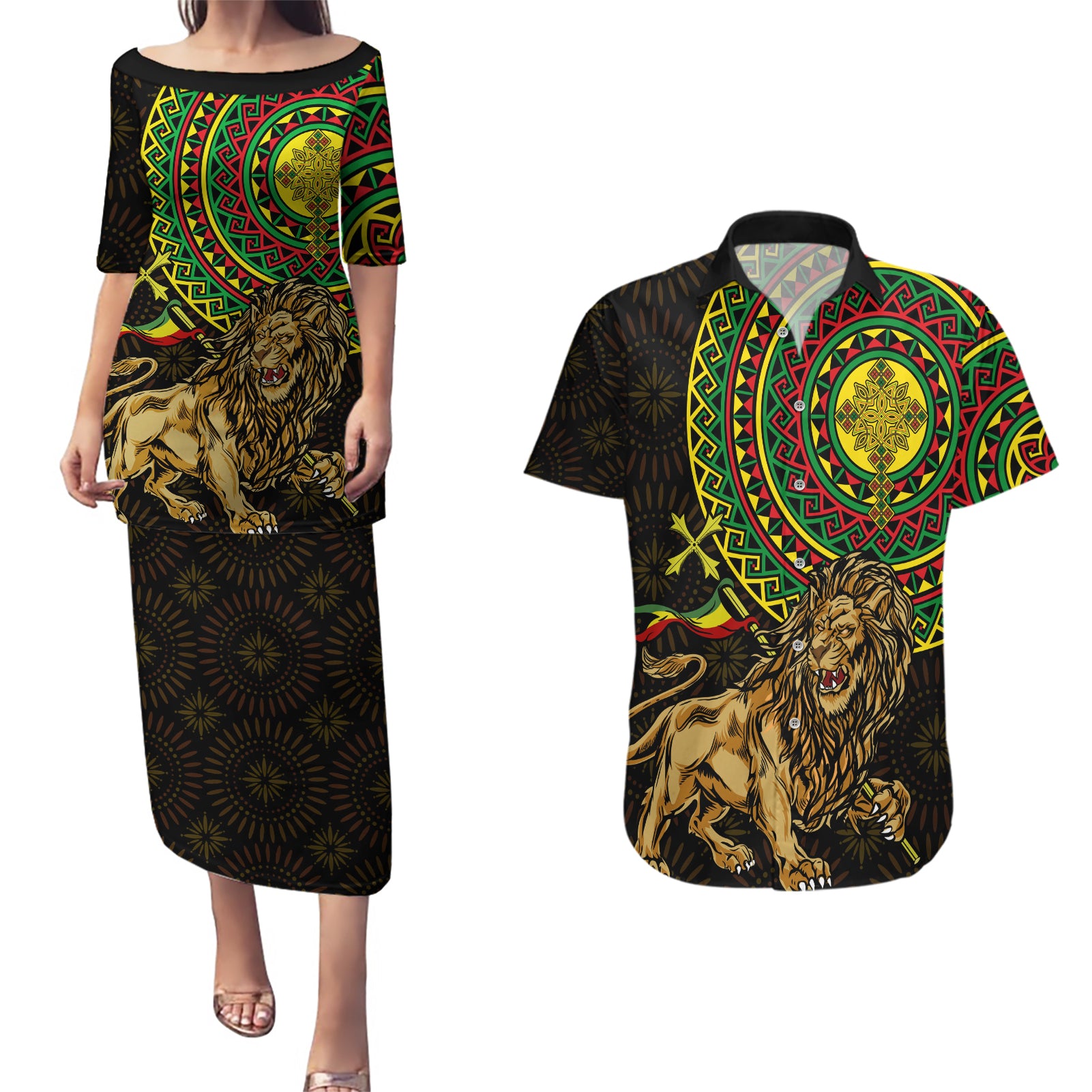Ethiopia National Day Couples Matching Puletasi and Hawaiian Shirt Lion Of Judah African Pattern