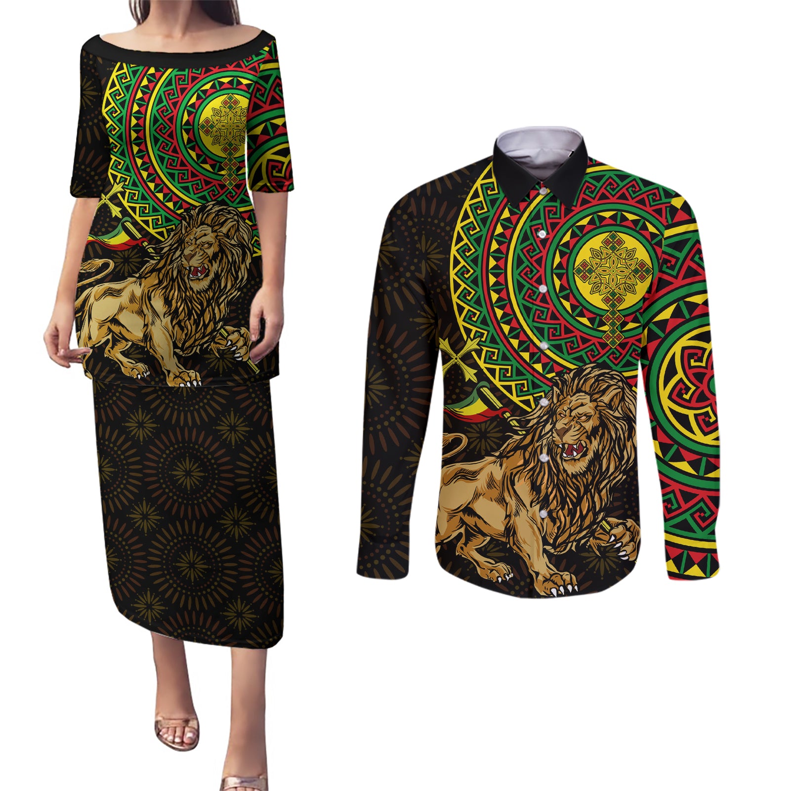 Ethiopia National Day Couples Matching Puletasi and Long Sleeve Button Shirt Lion Of Judah African Pattern