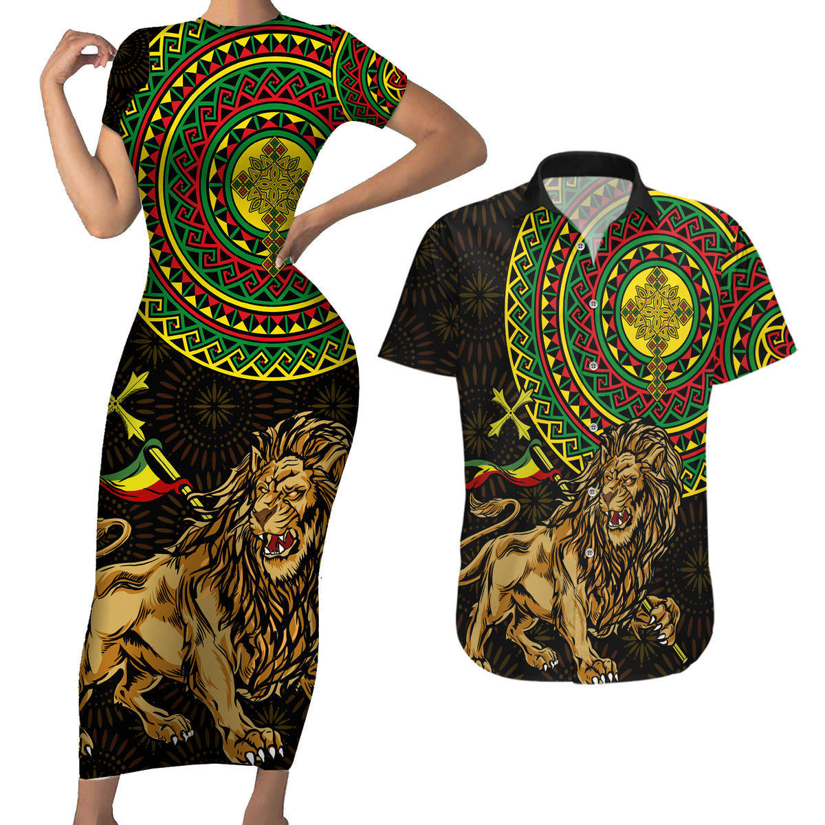 Ethiopia National Day Couples Matching Short Sleeve Bodycon Dress and Hawaiian Shirt Lion Of Judah African Pattern - Wonder Print Shop
