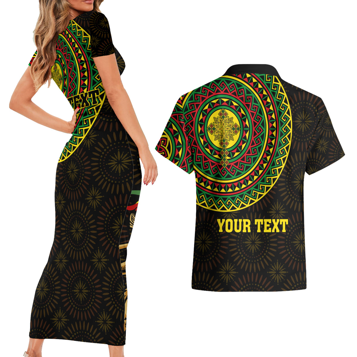 Ethiopia National Day Couples Matching Short Sleeve Bodycon Dress and Hawaiian Shirt Lion Of Judah African Pattern - Wonder Print Shop