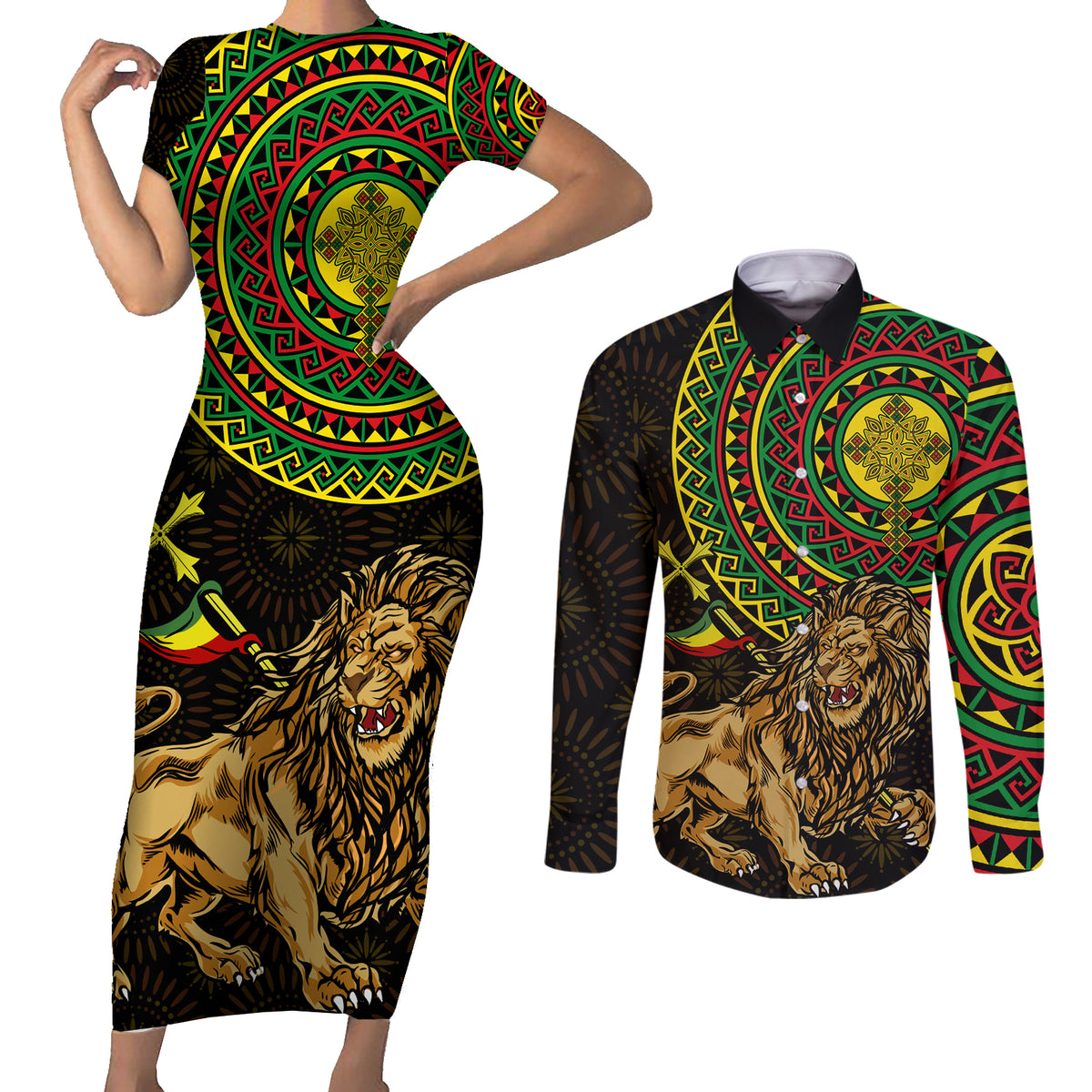 Ethiopia National Day Couples Matching Short Sleeve Bodycon Dress and Long Sleeve Button Shirt Lion Of Judah African Pattern - Wonder Print Shop