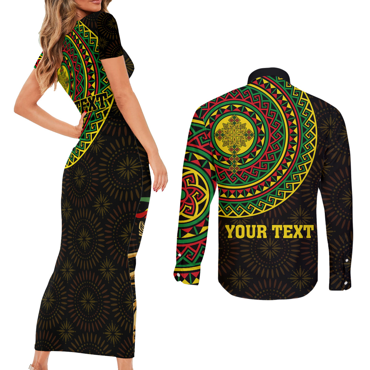 Ethiopia National Day Couples Matching Short Sleeve Bodycon Dress and Long Sleeve Button Shirt Lion Of Judah African Pattern - Wonder Print Shop