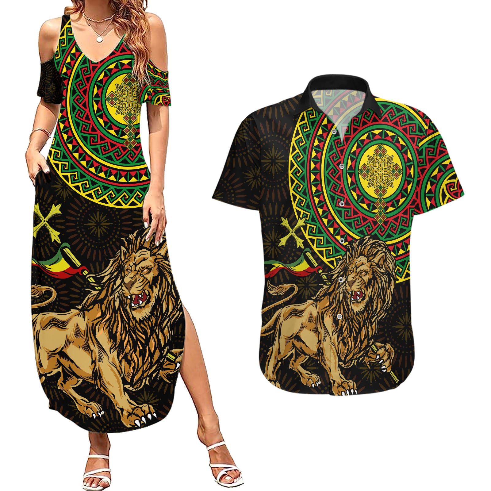 Ethiopia National Day Couples Matching Summer Maxi Dress and Hawaiian Shirt Lion Of Judah African Pattern