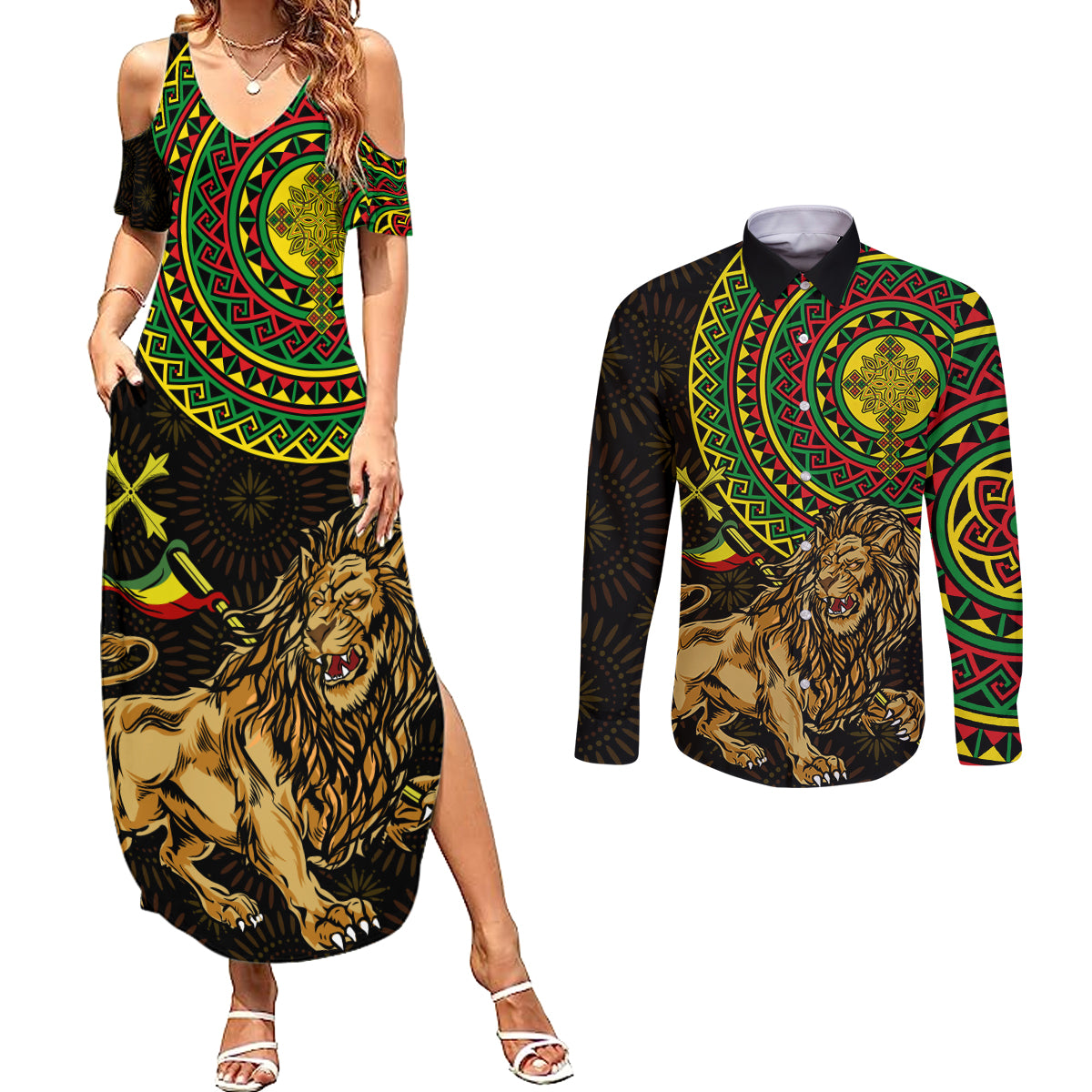 Ethiopia National Day Couples Matching Summer Maxi Dress and Long Sleeve Button Shirt Lion Of Judah African Pattern - Wonder Print Shop