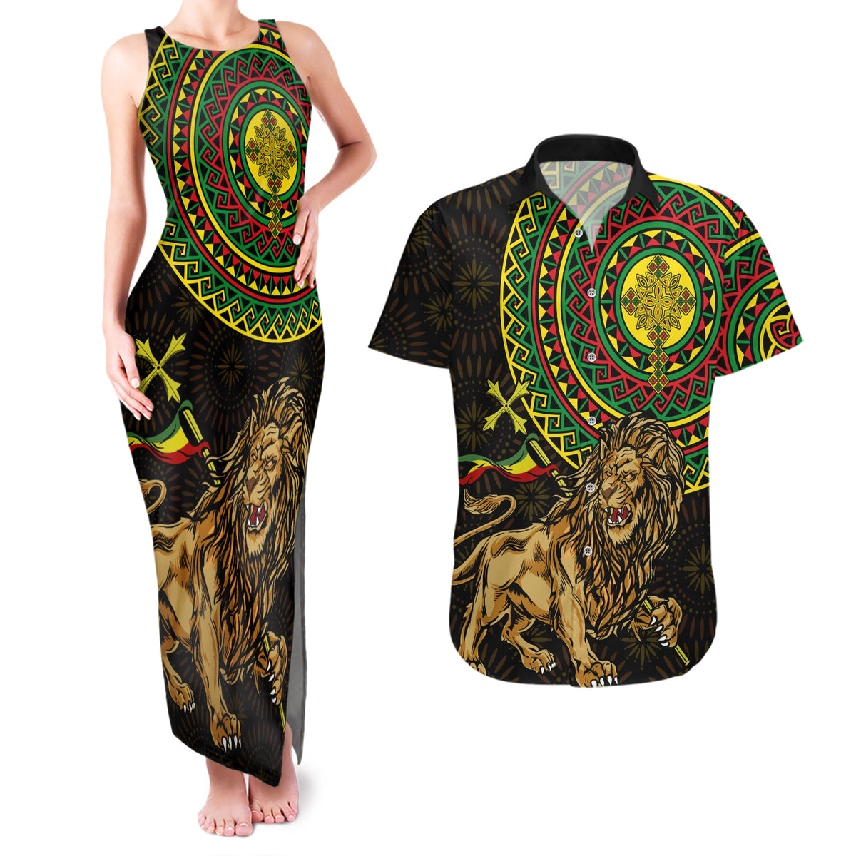 Ethiopia National Day Couples Matching Tank Maxi Dress and Hawaiian Shirt Lion Of Judah African Pattern - Wonder Print Shop