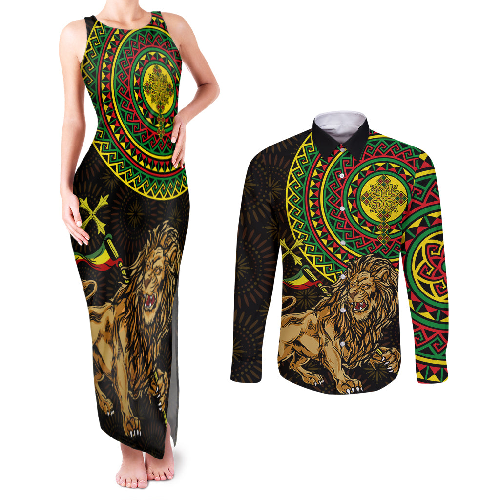 Ethiopia National Day Couples Matching Tank Maxi Dress and Long Sleeve Button Shirt Lion Of Judah African Pattern