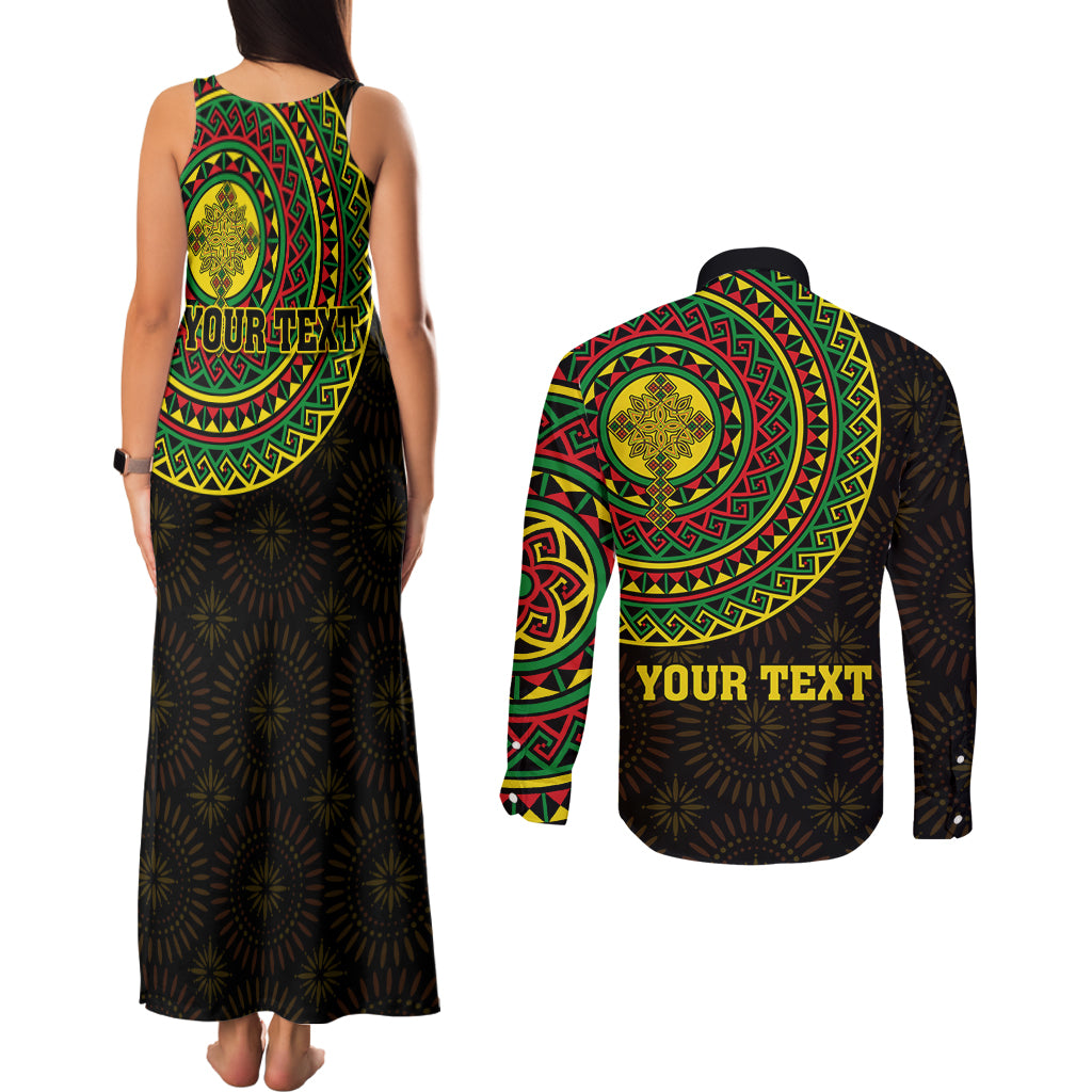 Ethiopia National Day Couples Matching Tank Maxi Dress and Long Sleeve Button Shirt Lion Of Judah African Pattern - Wonder Print Shop