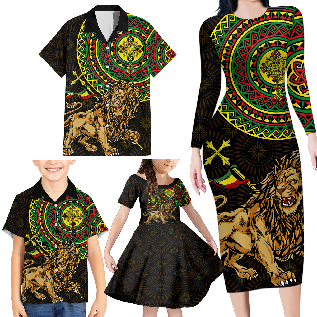 Ethiopia National Day Family Matching Long Sleeve Bodycon Dress and Hawaiian Shirt Lion Of Judah African Pattern - Wonder Print Shop