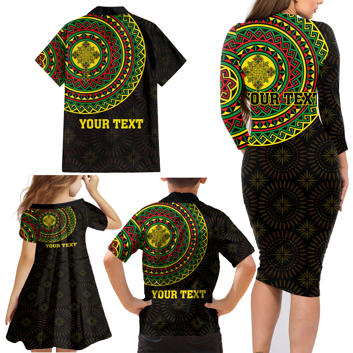 Ethiopia National Day Family Matching Long Sleeve Bodycon Dress and Hawaiian Shirt Lion Of Judah African Pattern - Wonder Print Shop