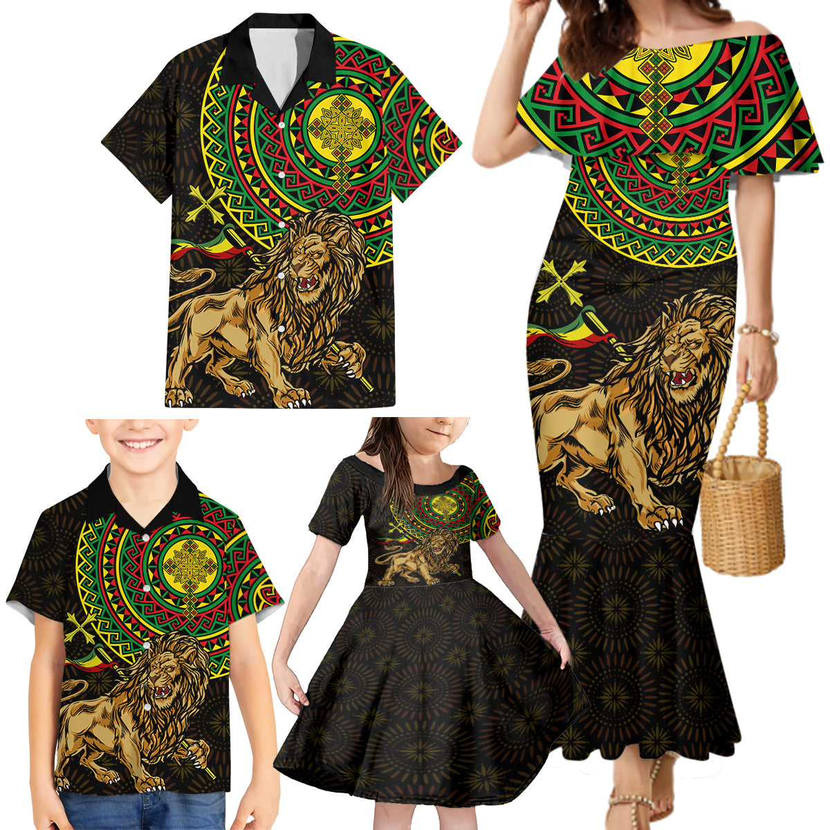 Ethiopia National Day Family Matching Mermaid Dress and Hawaiian Shirt Lion Of Judah African Pattern - Wonder Print Shop