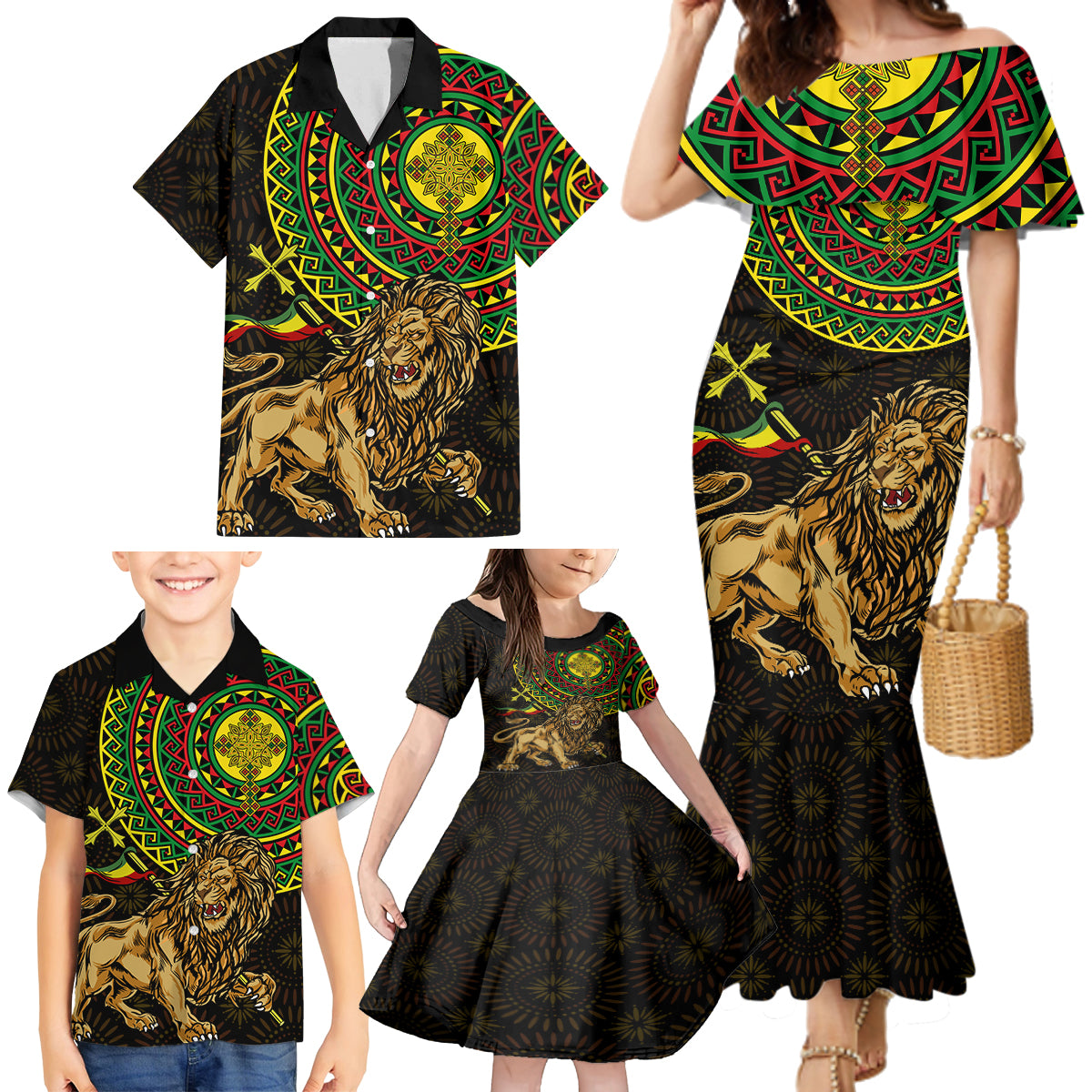 Ethiopia National Day Family Matching Mermaid Dress and Hawaiian Shirt Lion Of Judah African Pattern