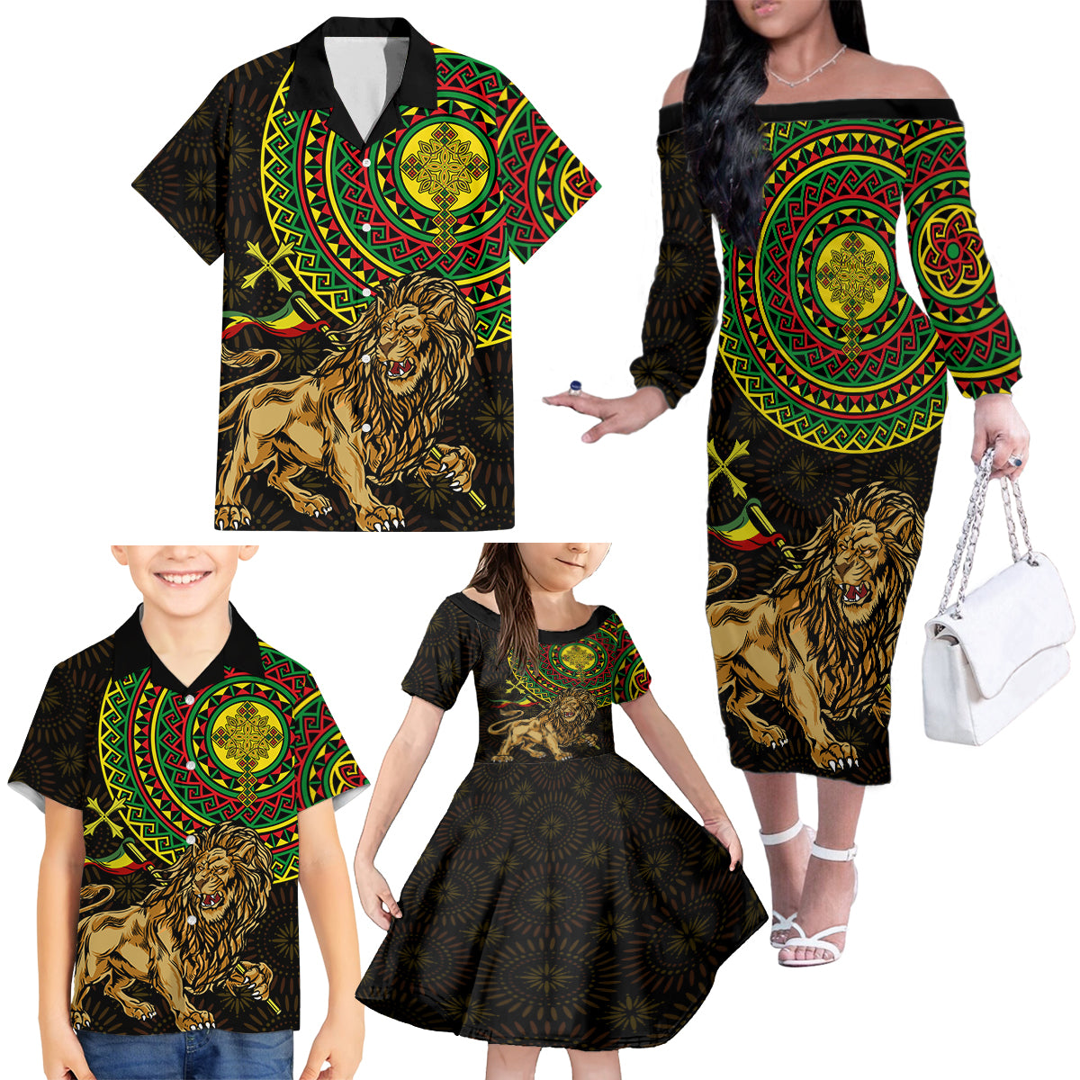 Ethiopia National Day Family Matching Off The Shoulder Long Sleeve Dress and Hawaiian Shirt Lion Of Judah African Pattern - Wonder Print Shop