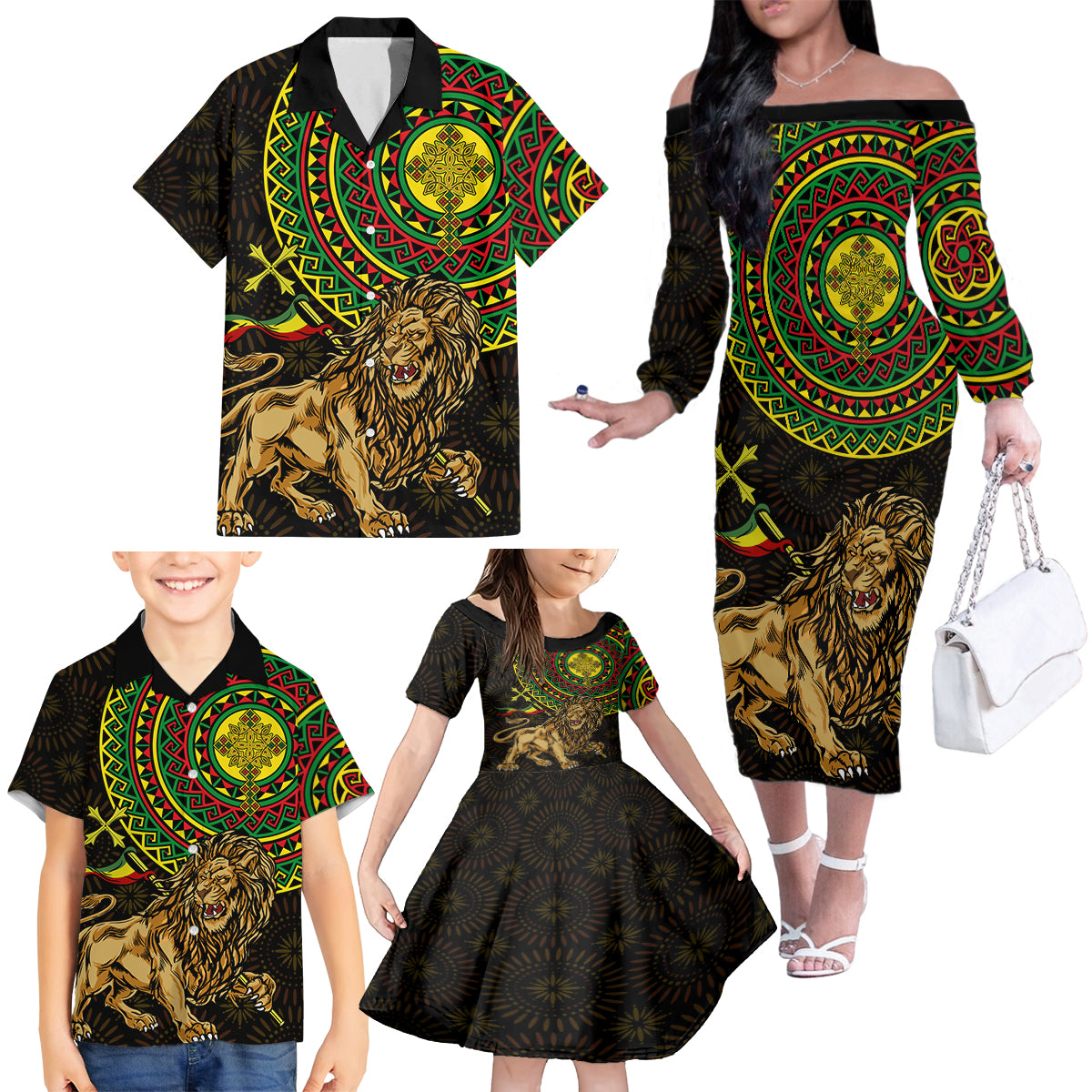 Ethiopia National Day Family Matching Off The Shoulder Long Sleeve Dress and Hawaiian Shirt Lion Of Judah African Pattern