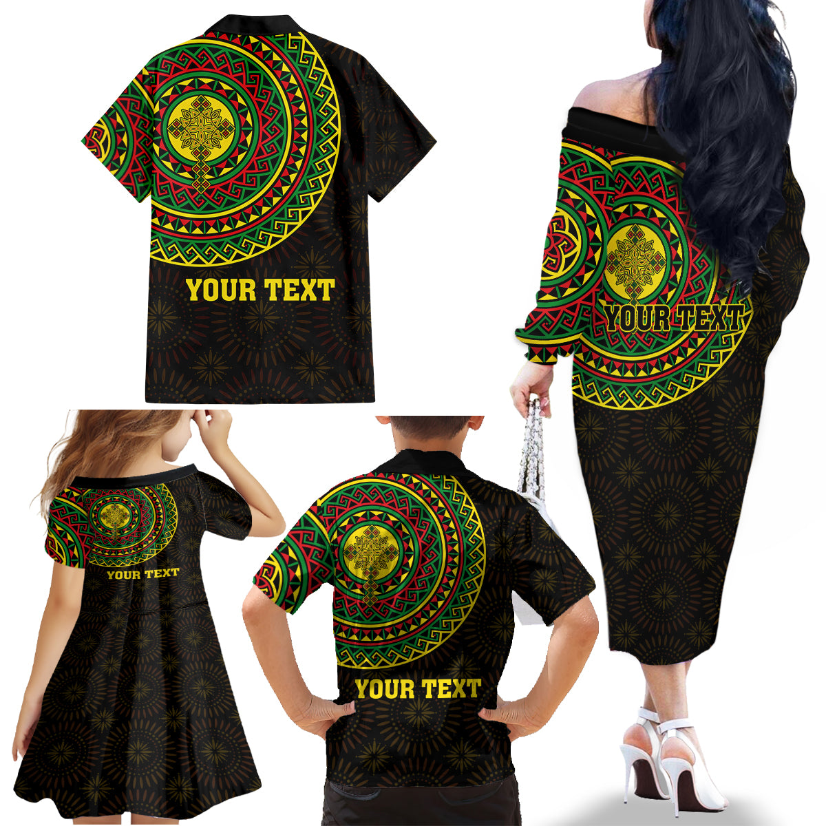 Ethiopia National Day Family Matching Off The Shoulder Long Sleeve Dress and Hawaiian Shirt Lion Of Judah African Pattern - Wonder Print Shop