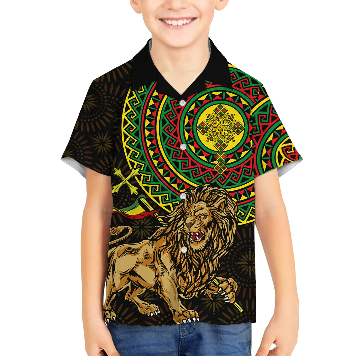 Ethiopia National Day Family Matching Off The Shoulder Long Sleeve Dress and Hawaiian Shirt Lion Of Judah African Pattern - Wonder Print Shop