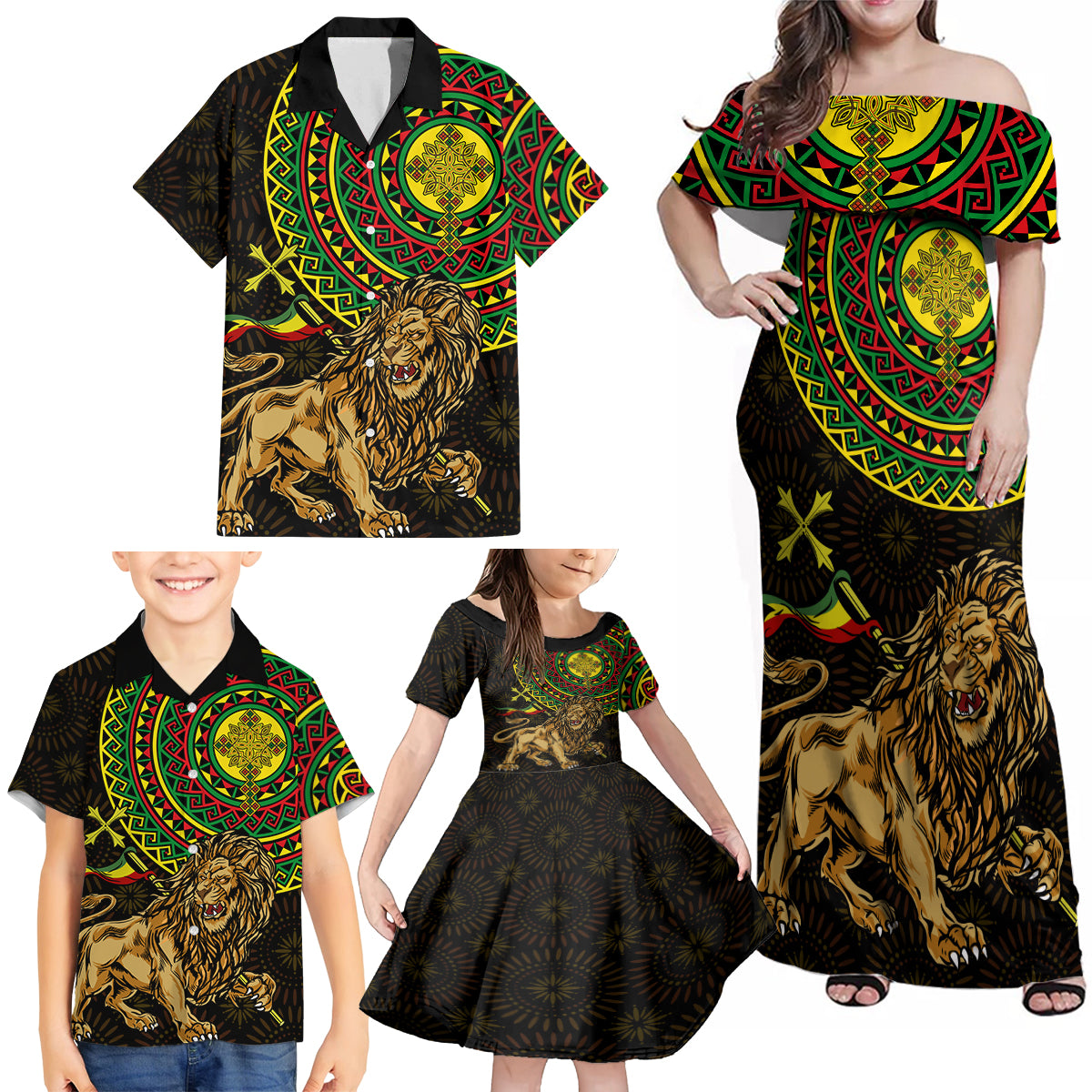 Ethiopia National Day Family Matching Off Shoulder Maxi Dress and Hawaiian Shirt Lion Of Judah African Pattern - Wonder Print Shop