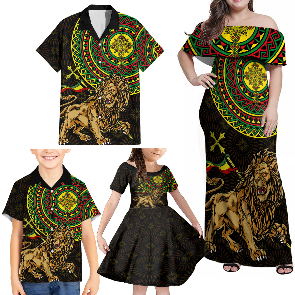 Ethiopia National Day Family Matching Off Shoulder Maxi Dress and Hawaiian Shirt Lion Of Judah African Pattern