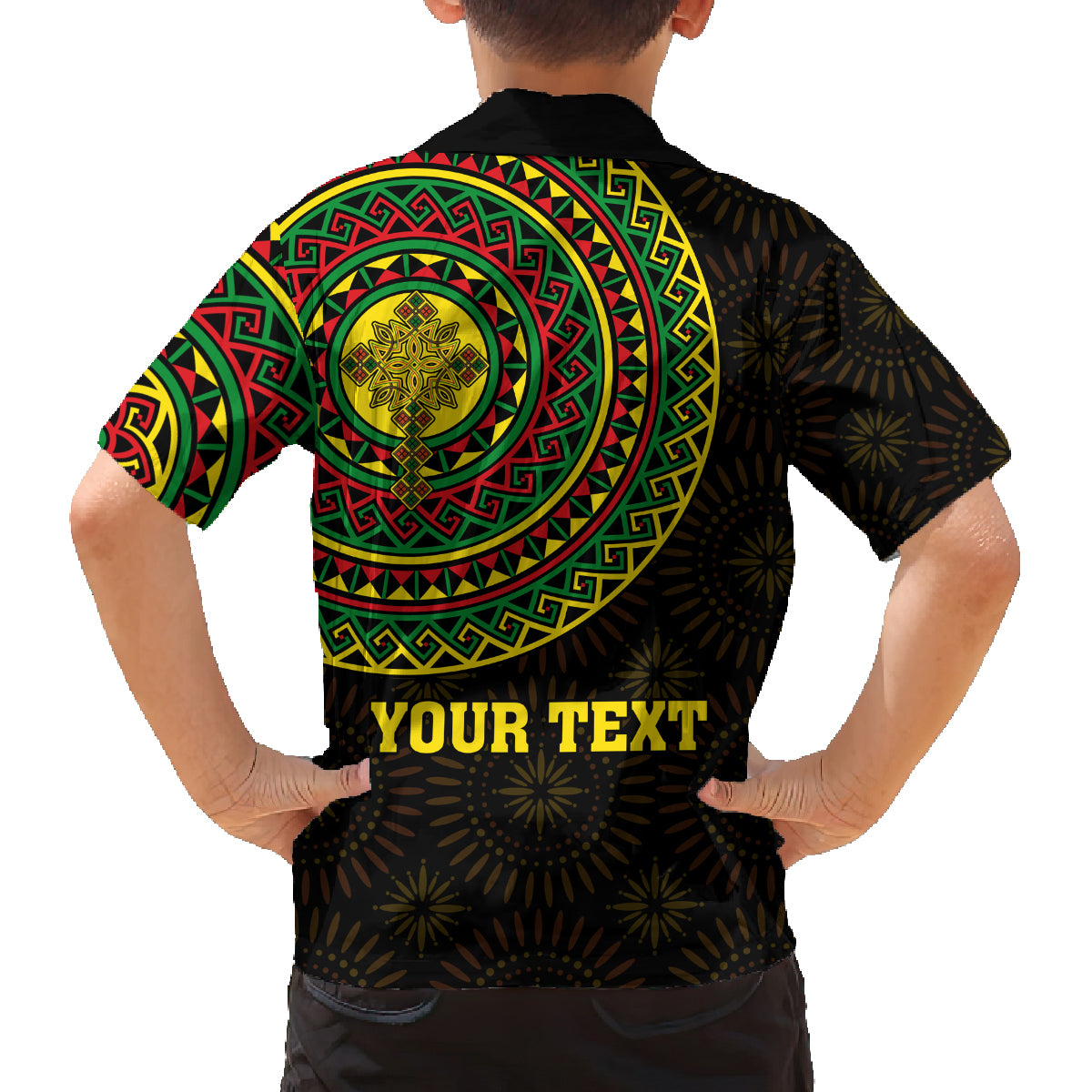 Ethiopia National Day Family Matching Off Shoulder Short Dress and Hawaiian Shirt Lion Of Judah African Pattern - Wonder Print Shop