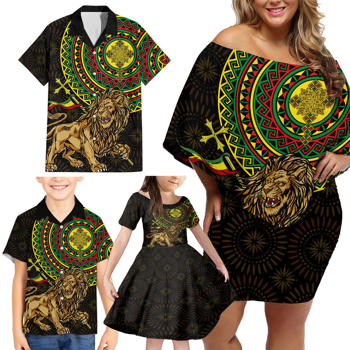Ethiopia National Day Family Matching Off Shoulder Short Dress and Hawaiian Shirt Lion Of Judah African Pattern - Wonder Print Shop