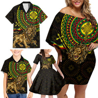 Ethiopia National Day Family Matching Off Shoulder Short Dress and Hawaiian Shirt Lion Of Judah African Pattern - Wonder Print Shop