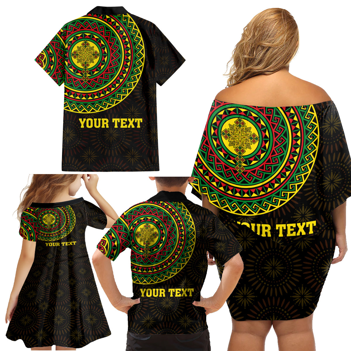 Ethiopia National Day Family Matching Off Shoulder Short Dress and Hawaiian Shirt Lion Of Judah African Pattern - Wonder Print Shop