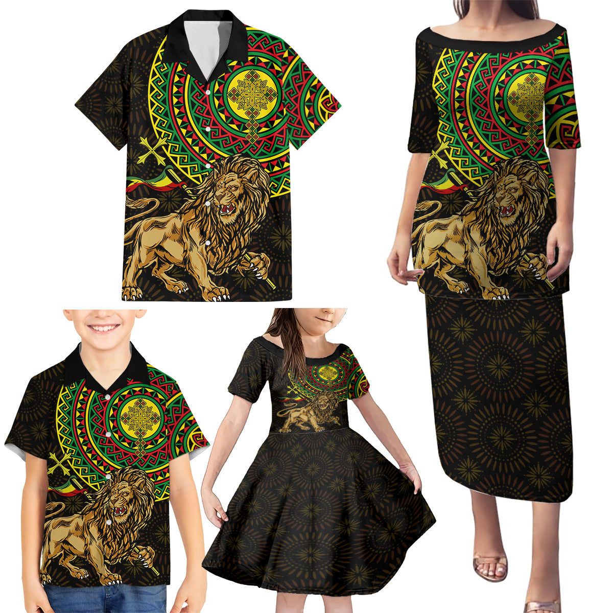Ethiopia National Day Family Matching Puletasi and Hawaiian Shirt Lion Of Judah African Pattern - Wonder Print Shop
