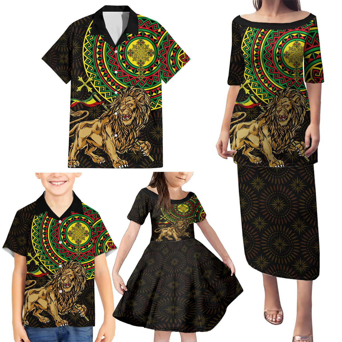 Ethiopia National Day Family Matching Puletasi and Hawaiian Shirt Lion Of Judah African Pattern